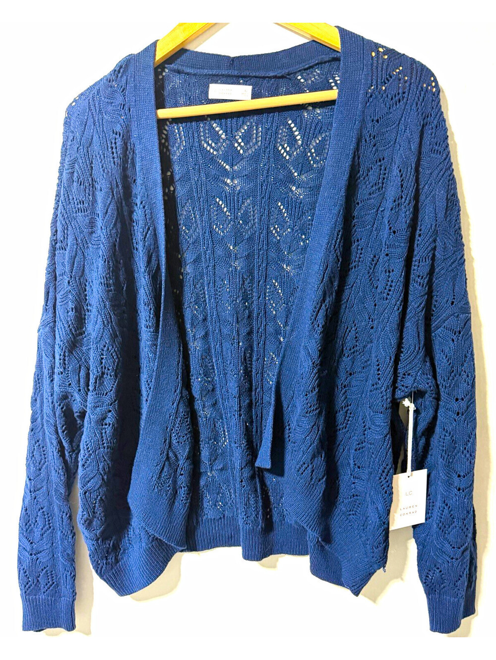 LC Lauren Conrad Women's Blue Solid Knit Open-Knit V-Neck Cardigan Sweater XL
